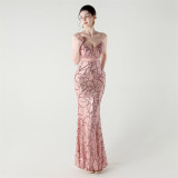 Women beaded cross Lace-Up v-neck fishtail Formal Party evening dress