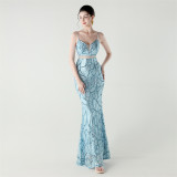 Women tulle Patchwork cross Lace-Up sequined Formal Party evening dress