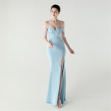 Women lace mesh herringbone Lace-Up beaded Formal Party evening dress