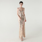 Women Backless Beaded Slit Party Evening Dress