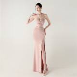 Women herringbone Lace-Up wrapped chest pleated hollow Formal Party evening dress