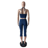 Women Strapless Halter Neck Lace-up Stretch Denim Top and Capri Two Piece Set