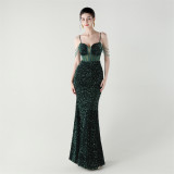 Women herringbone Lace-Up wrapped chest formal Formal Party sequined evening dress