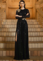 Women Round Neck long sleeve sequined formal party slit evening dress