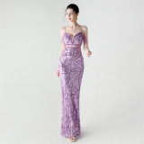 Women beaded cross Lace-Up v-neck fishtail Formal Party evening dress