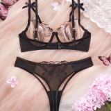 Women mesh butterfly embroidery with steel ring sexy See-Through Sexy Lingerie Set