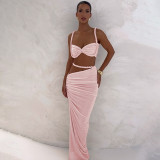 Women Spring Sexy Solid Backless Top and Bodycon Skirt Two-piece Set