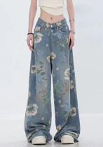 Women American Retro Printed Wide Leg Denim Pants Women American Retro Printed Wide Leg Denim Pants