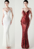 Women off-shoulder beaded sling V Neck Formal Party evening dress