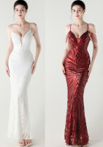 Women off-shoulder beaded sling V Neck Formal Party evening dress