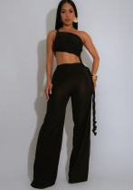 Women Halter Neck Strapless gathered tie rope wide leg jumpsuit