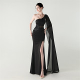 Women Tulle Shawl Beaded Tube Embroidery One Shoulder Evening Dress​