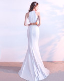 Plain Solid Halter Slit Mermaid Evening Dress
