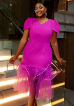 Fashion V-Neck Puff-Sleeve Mesh Patchwork Fashion Fishtail Party Dress