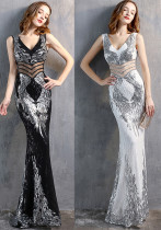 Sequin Slim Deep V Flower Women's Party Evening Dress