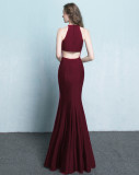 Plain Solid Halter Slit Mermaid Evening Dress