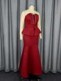 Strapless Beaded Fishtail Ruffled Slim Long Evening Dress