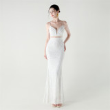 Women beaded cross Lace-Up v-neck fishtail Formal Party evening dress