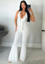 Women's Spring and Summer Deep V-Neck Halter-Neck Lace-Up Low-Back Gathered Bell-Bottom Jumpsuit Women's Spring and Summer Deep V-Neck Halter-Neck Lace-Up Low-Back Gathered Bell-Bottom Jumpsuit