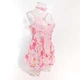 Women Lace Patchwork floral sexy cross Lace-Up body shaper Two Piece Set