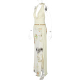 Women Sexy Halter Neck Backless Top Patchwork Mesh Print Slit Skirt Two Piece Set