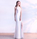 Plain Solid Halter Slit Mermaid Evening Dress