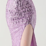 Women Backless Beaded Slit Party Evening Dress