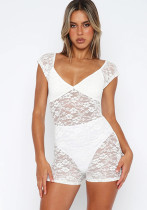 Women's Summer Fashion Sexy Tight-Fitting See-Through Lace Short Jumpsuit