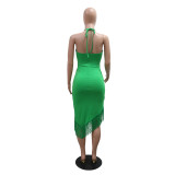 Women's Summer Sleeveless Halter neck Tassel Long Irregular Dress