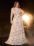 Plus Size Strap Print Sexy Halter-Neck Long Evening Dress