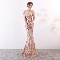 Off-Shoulder Slim Fit Sequin Fishtail Long Formal Party Evening Dress
