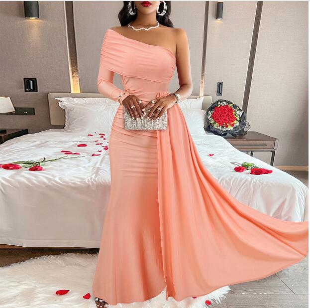 Summer Casual Sexy Women's Solid Color Slash Shoulder Slim Waist Long Dress