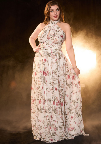 Plus Size Strap Print Sexy Halter-Neck Long Evening Dress