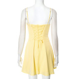 Women Lace Gathered Suspender Lace-Up Dress