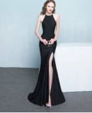 Plain Solid Halter Slit Mermaid Evening Dress