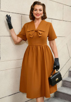 Plus Size Turned-Down Collar Lace-Up Bow Decoration A-Line Dress