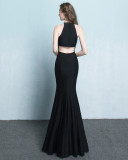 Plain Solid Halter Slit Mermaid Evening Dress