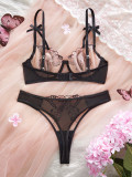 Women mesh butterfly embroidery with steel ring sexy See-Through Sexy Lingerie Set