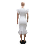 Women Sexy V-Neck Solid Bodycon Pleated Dress