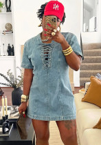Women's Summer Street Fashion Lace-up Short-Sleeved Denim Dress