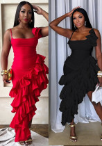 Summer Women's Solid Color Sexy Irregular Ruffle Straps Dress