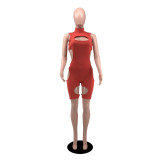 Women's Summer Solid Color Sexy Hollow Short-Sleeve Jumpsuit