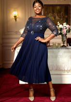 Mesh Patchwork Sequins Round-Neck Pleated A-Line Dress