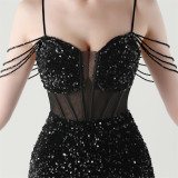 Women herringbone Lace-Up wrapped chest formal Formal Party sequined evening dress