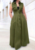 Women's Casual Fashion Solid Color Turndown-Collar Sleeveless Single-Breasted Maxi Dress