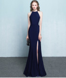 Plain Solid Halter Slit Mermaid Evening Dress