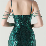 Women Backless Beaded Slit Party Evening Dress