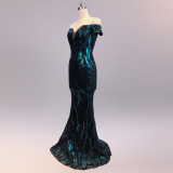Off-Shoulder Slim Fit Sequin Fishtail Long Formal Party Evening Dress