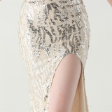 Women Backless Beaded Slit Party Evening Dress