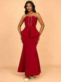 Strapless Beaded Fishtail Ruffled Slim Long Evening Dress